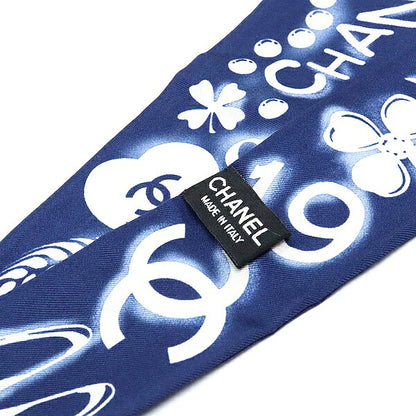 CHANEL Navy Symbol Pattern Silk Scarf Size ONE SIZE