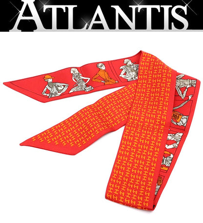 HERMES Les Gens du Hermes H Logo Silk Scarf Red Multi-Color