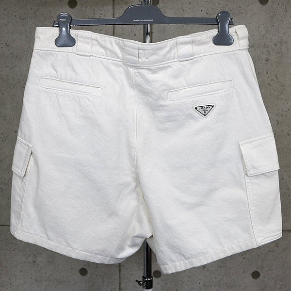 PRADA Triangle Logo Cotton Cargo Shorts White Size M