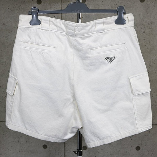 PRADA Triangle Logo Cotton Cargo Shorts White Size M