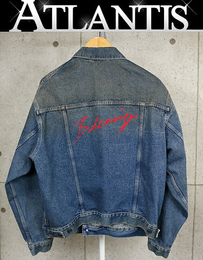 BALENCIAGA Logo Cotton Denim Jacket Blue Size 46