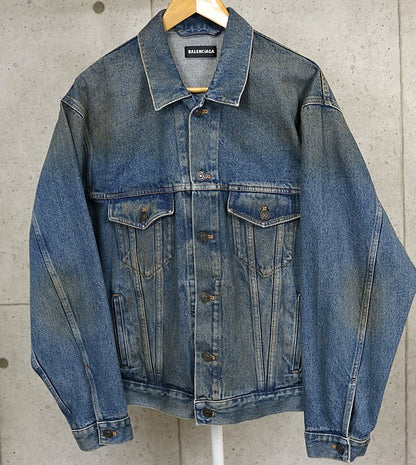 BALENCIAGA Logo Cotton Denim Jacket Blue Size 46
