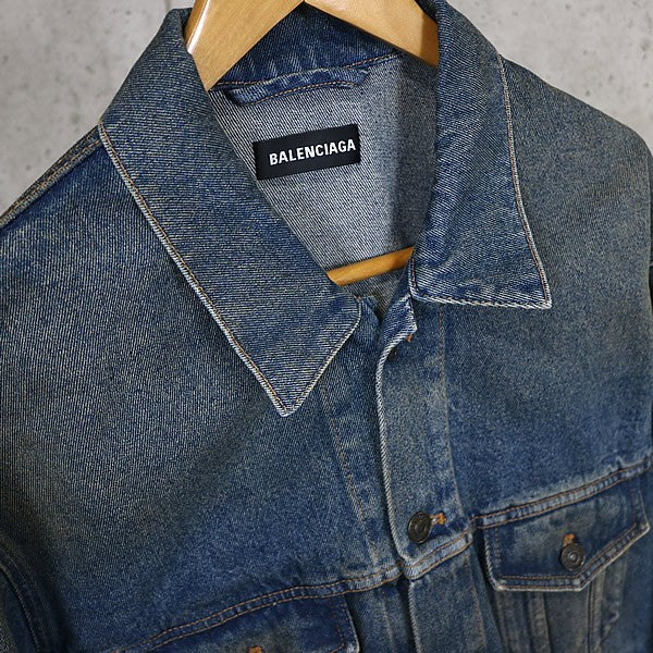 BALENCIAGA Logo Cotton Denim Jacket Blue Size 46