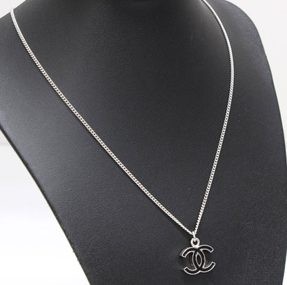 CHANEL Coco Mark Reversible Silver Necklace Size ONE SIZE