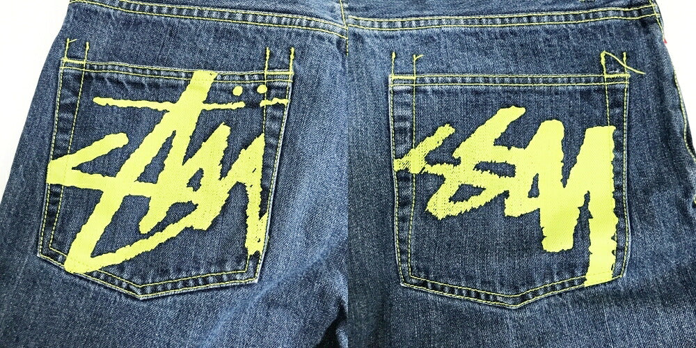 STUSSY Blue Back Paint Logo Denim Shorts Size 32