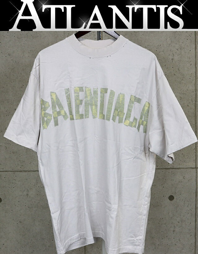 BALENCIAGA Tape Logo Cotton T-Shirt Beige Size L