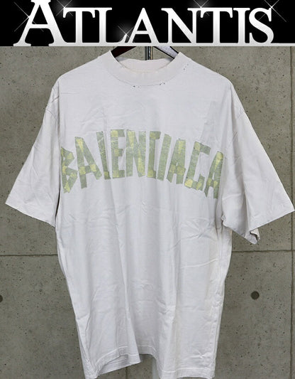 BALENCIAGA Tape Logo Cotton T-Shirt Beige Size L