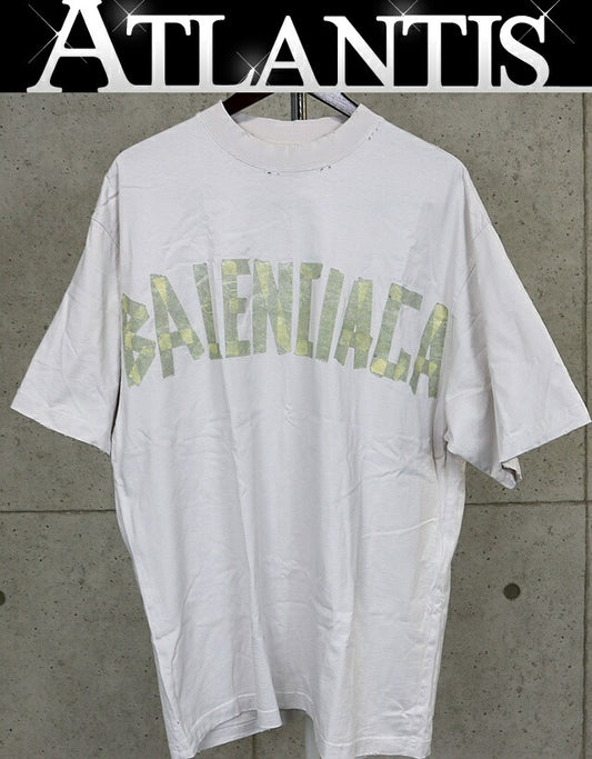 BALENCIAGA Tape Logo Cotton T-Shirt Beige Size L