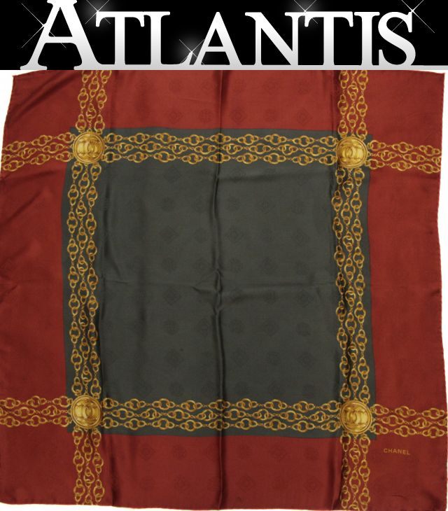 CHANEL Chain Print Silk Scarf Green/Bordeaux Size ONE SIZE