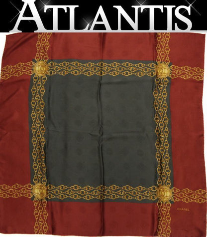 CHANEL Chain Print Silk Scarf Green/Bordeaux Size ONE SIZE