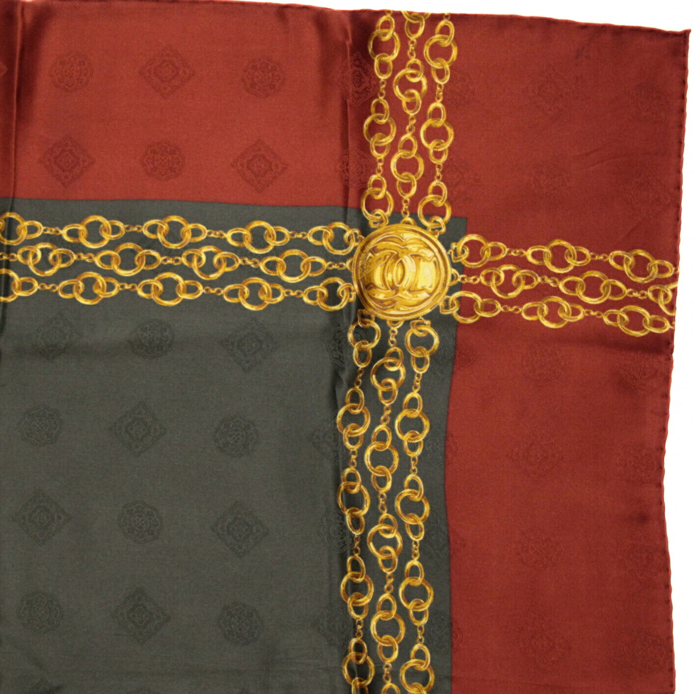 CHANEL Chain Print Silk Scarf Green/Bordeaux Size ONE SIZE