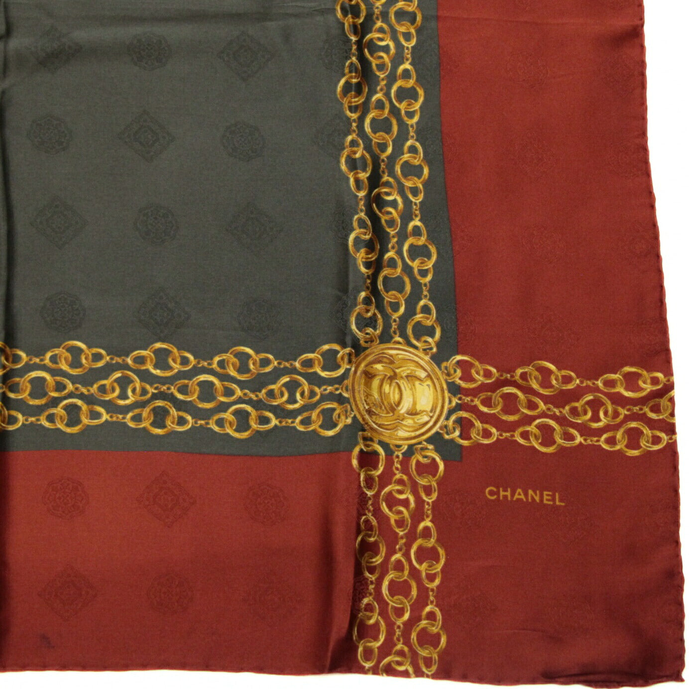 CHANEL Chain Print Silk Scarf Green/Bordeaux Size ONE SIZE