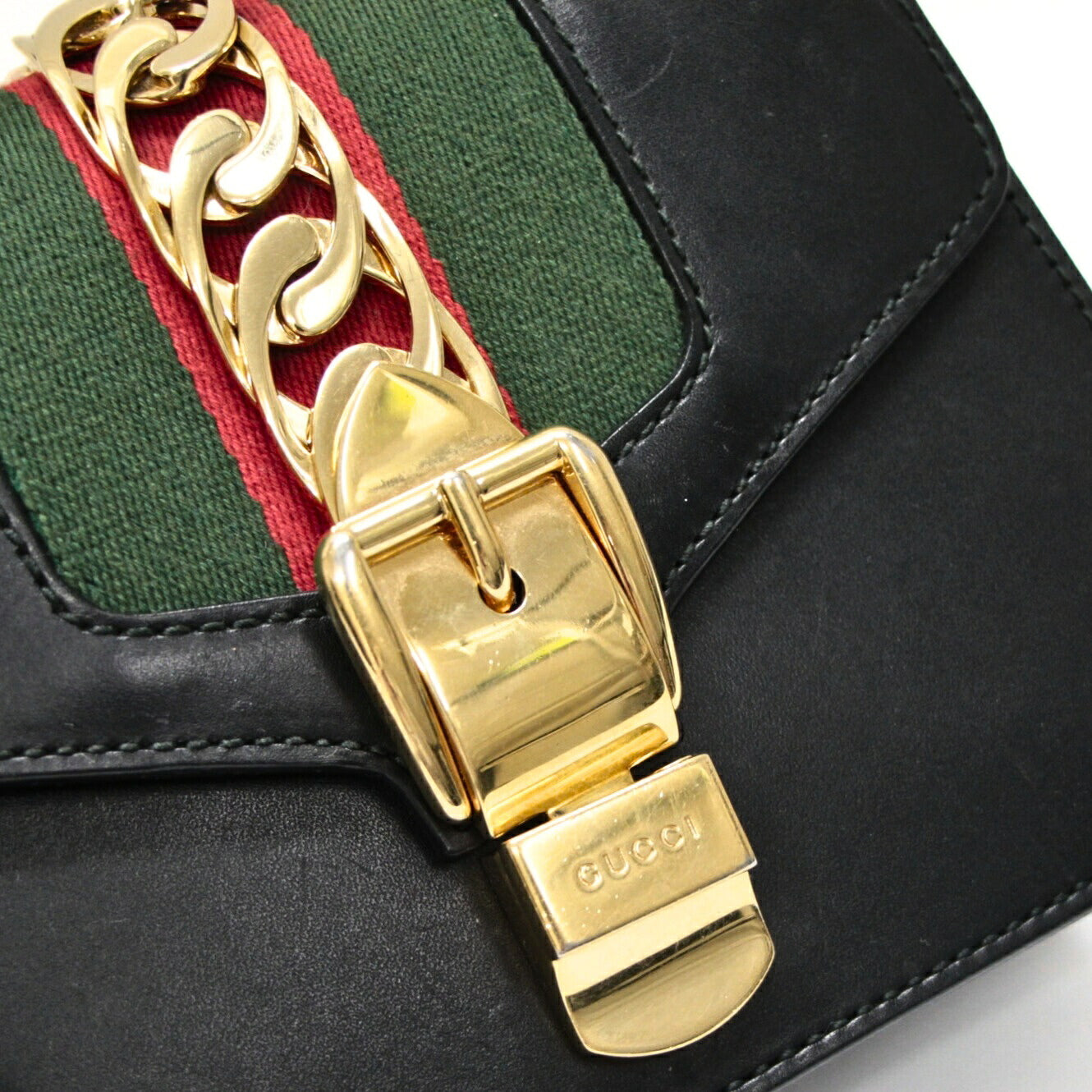 GUCCI Sylvie Web Stripe Leather Bag Black Size ONE SIZE