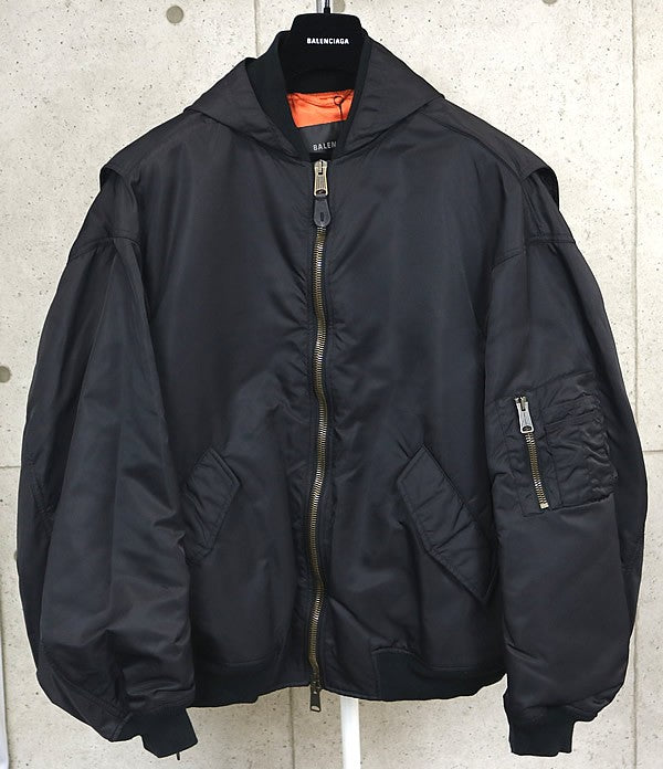 BALENCIAGA 2024 Tape Type Hooded Bomber Jacket Black Size 1