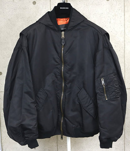 BALENCIAGA 2024 Tape Type Hooded Bomber Jacket Black Size 1