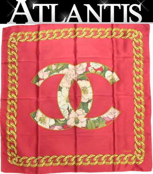 CHANEL Vintage Camellia Coco Mark Scarf Red Size ONE SIZE