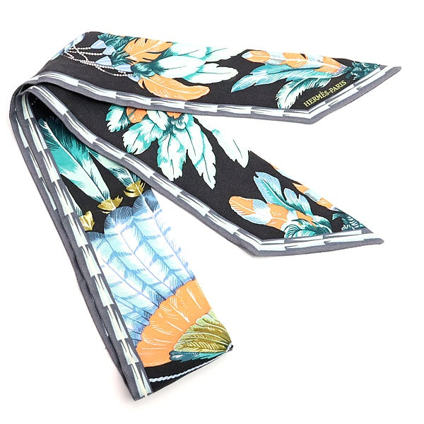 HERMES Brazil Silk Twilly Black Multicolor Scarf Size ONE SIZE