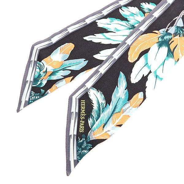 HERMES Brazil Silk Twilly Black Multicolor Scarf Size ONE SIZE