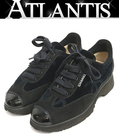 CHANEL Vintage Coco Mark Black Velour Sneakers Size 36