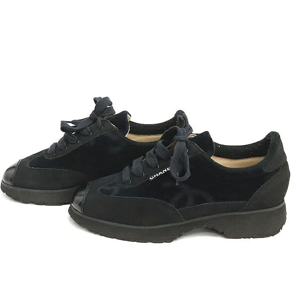 CHANEL Vintage Coco Mark Black Velour Sneakers Size 36