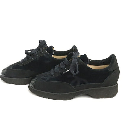 CHANEL Vintage Coco Mark Black Velour Sneakers Size 36