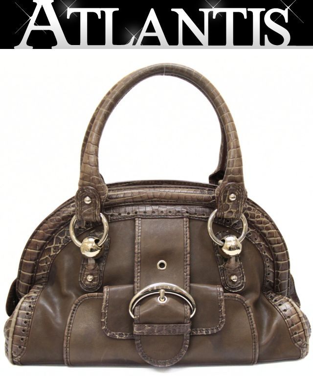 CELINE Vintage Croc Embossed Handbag Brown Size ONE SIZE