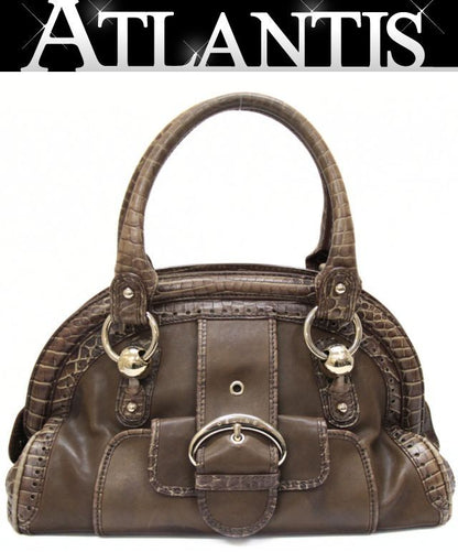 CELINE Vintage Croc Embossed Handbag Brown Size ONE SIZE