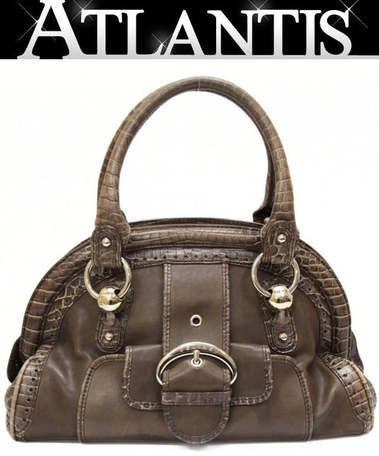 CELINE Vintage Croc Embossed Handbag Brown Size ONE SIZE