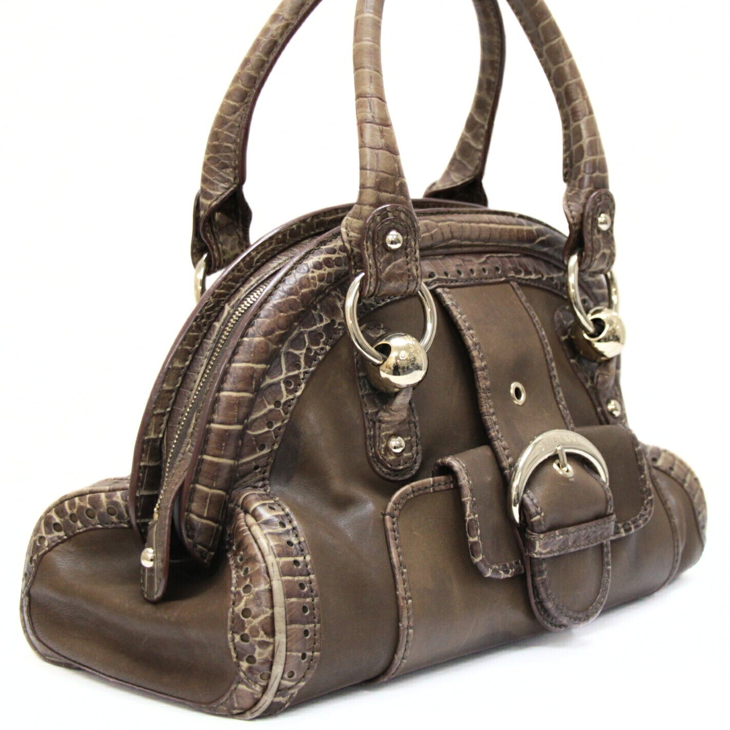 CELINE Vintage Croc Embossed Handbag Brown Size ONE SIZE