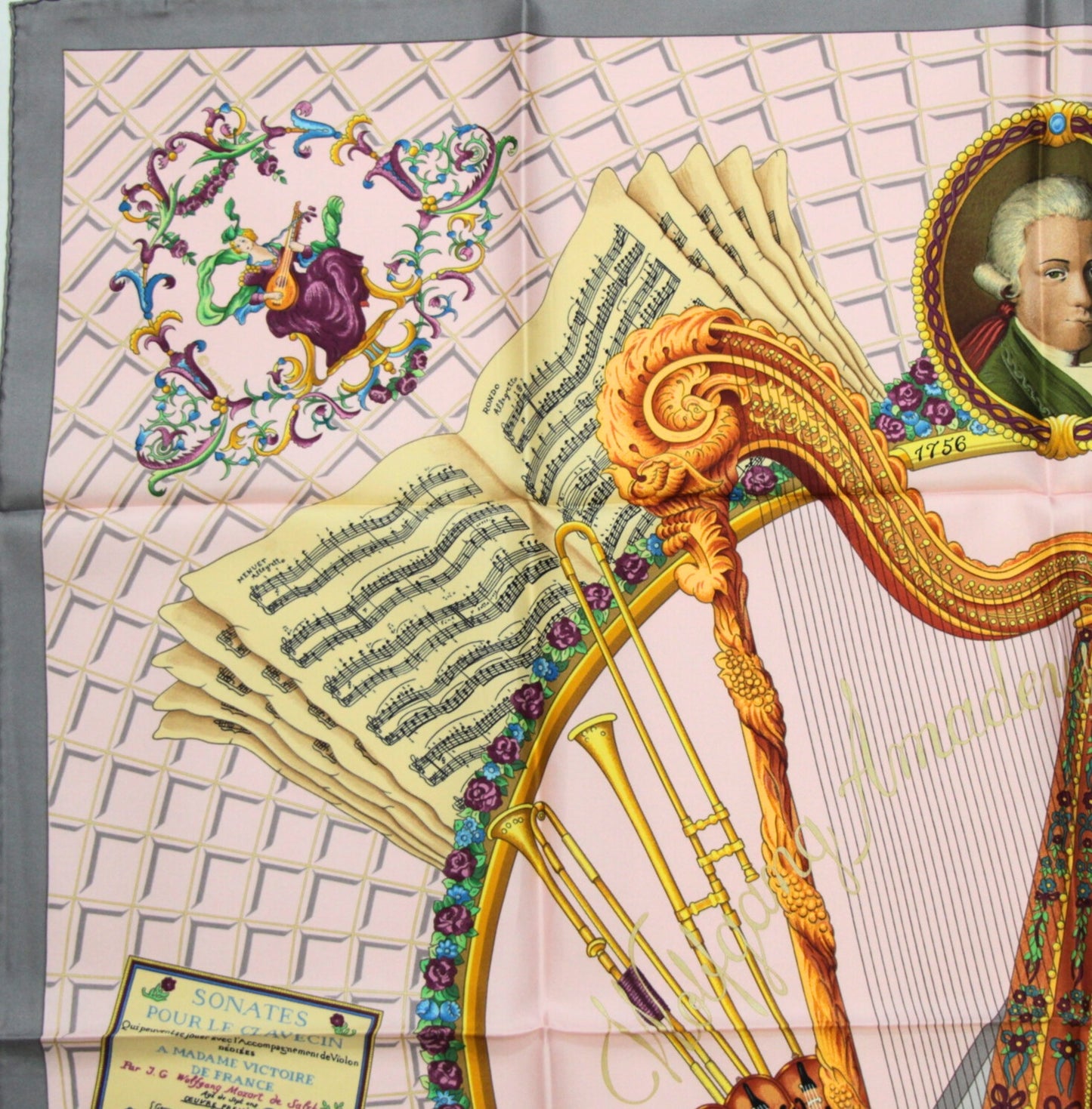 HERMES Carre 90 Mozart Homage Silk Scarf Pink Size ONE SIZE