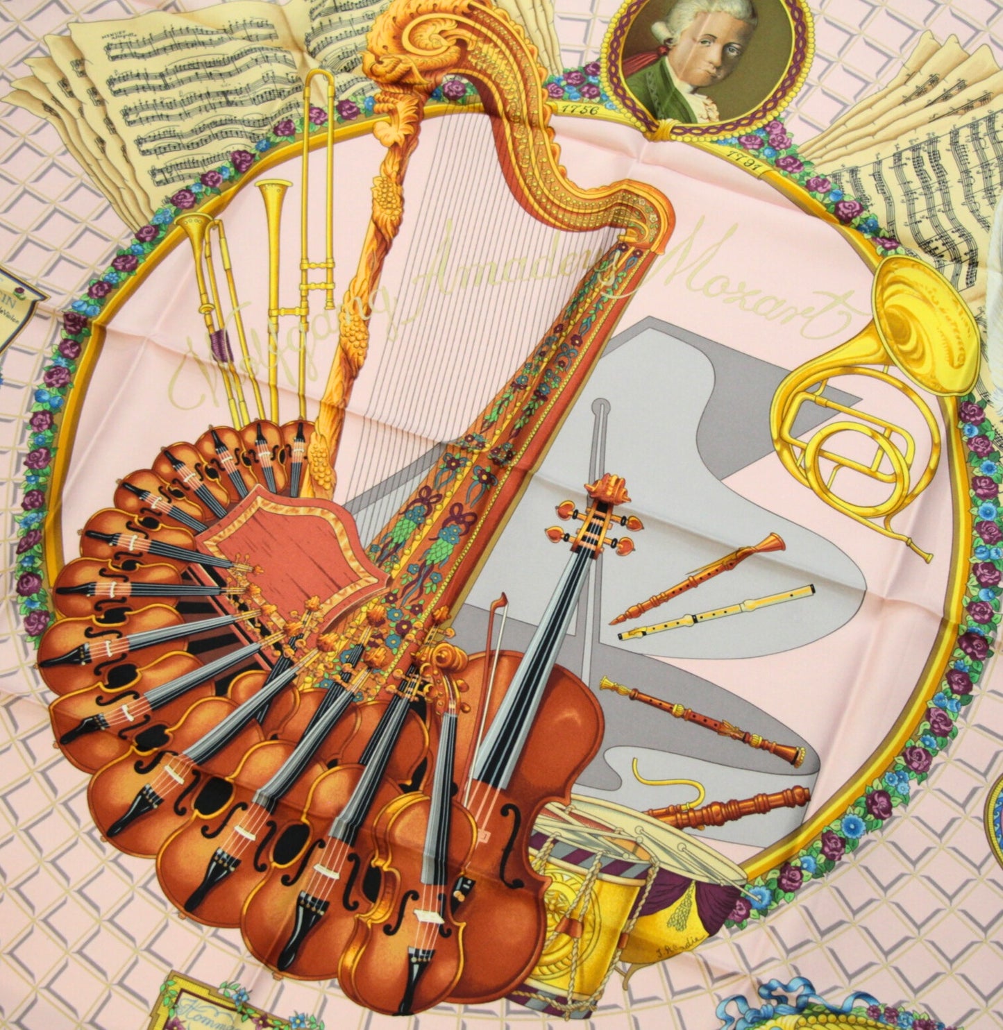 HERMES Carre 90 Mozart Homage Silk Scarf Pink Size ONE SIZE