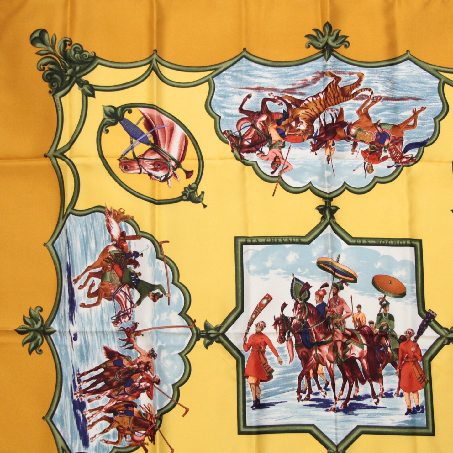 HERMES Carré 90 Silk "Cheveaux Scarf Yellow Size ONE SIZE