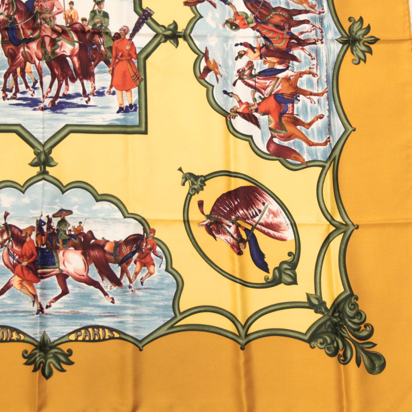HERMES Carré 90 Silk "Cheveaux Scarf Yellow Size ONE SIZE