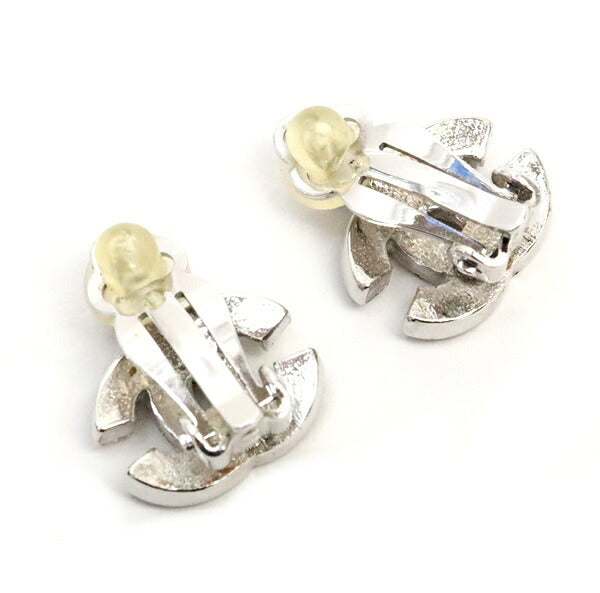 CHANEL Coco Mark Stone Metal Silver Beige Earrings