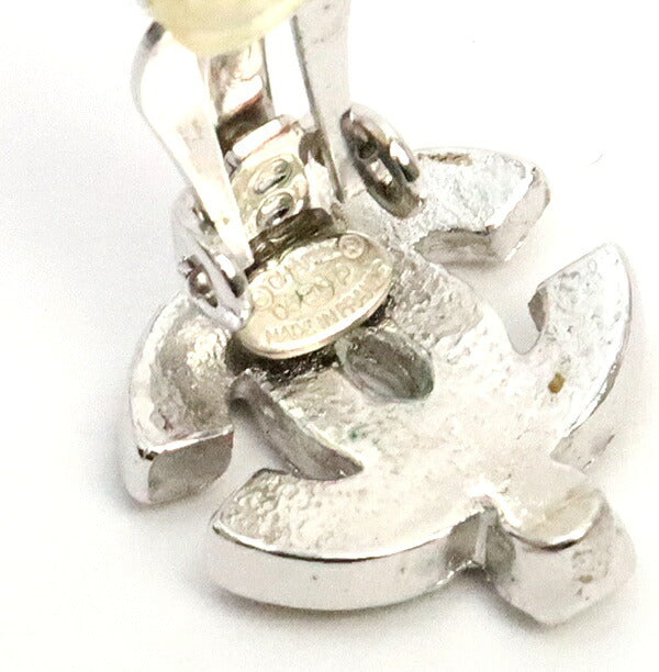 CHANEL Coco Mark Stone Metal Silver Beige Earrings