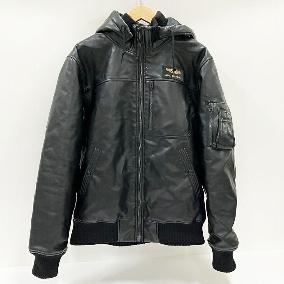 ALPHA INDUSTRIES Black Faux Leather Hooded Jacket Size L