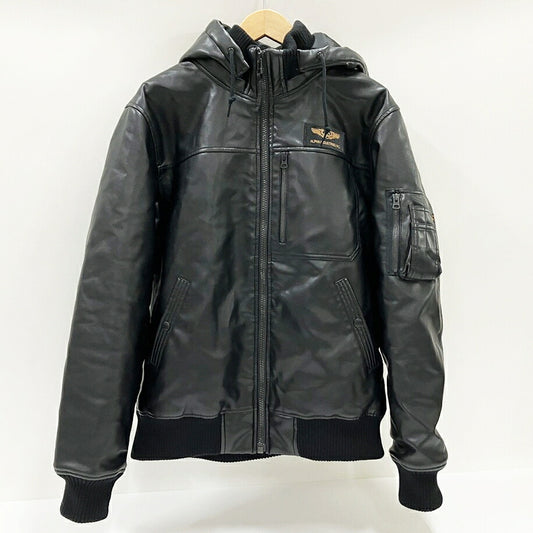 ALPHA INDUSTRIES Black Faux Leather Hooded Jacket Size L