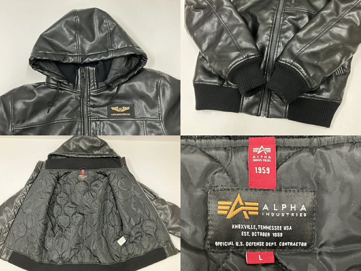 ALPHA INDUSTRIES Black Faux Leather Hooded Jacket Size L