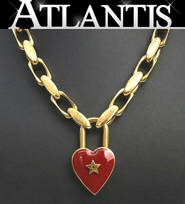 Dior Heart Lock Pendant Necklace Gold Red Size ONE SIZE