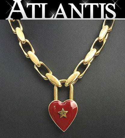 Dior Heart Lock Pendant Necklace Gold Red Size ONE SIZE