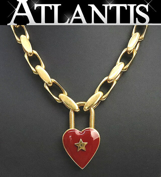 Dior Heart Lock Pendant Necklace Gold Red Size ONE SIZE