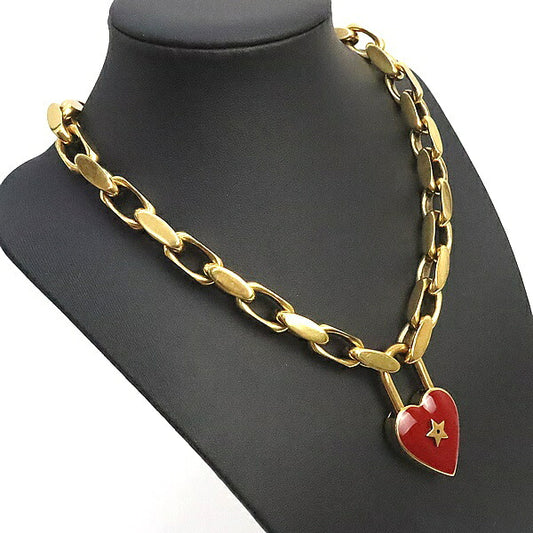Dior Heart Lock Pendant Necklace Gold Red Size ONE SIZE