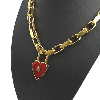 Dior Heart Lock Pendant Necklace Gold Red Size ONE SIZE