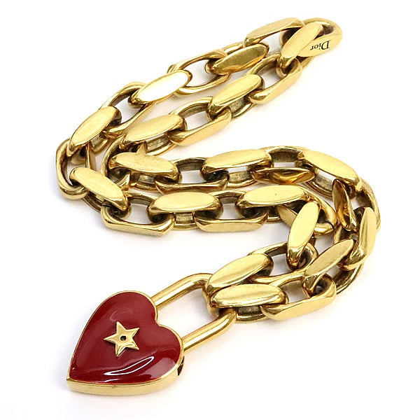 Dior Heart Lock Pendant Necklace Gold Red Size ONE SIZE