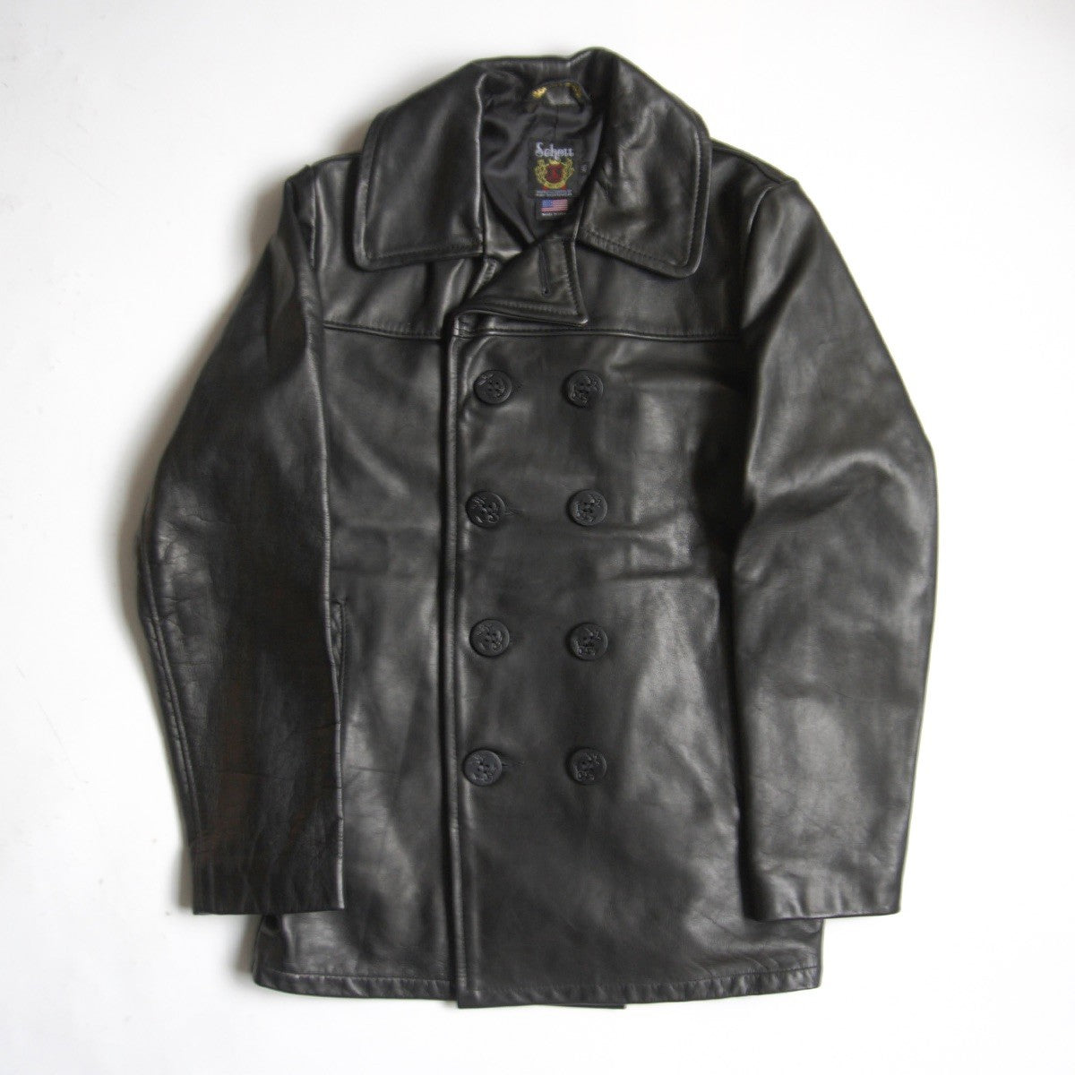 Schott Leather Pea Coat Black Size 40