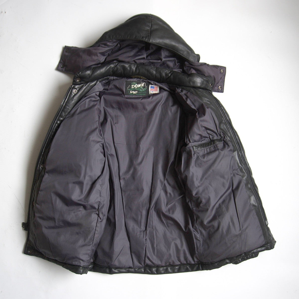 Schott Hooded Leather Down Jacket Black Size M
