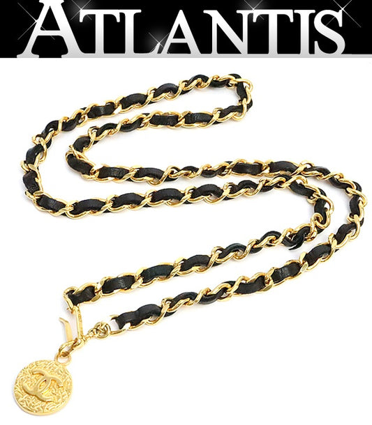CHANEL 1982 Vintage Gold Chain Leather Belt Size ONE SIZE