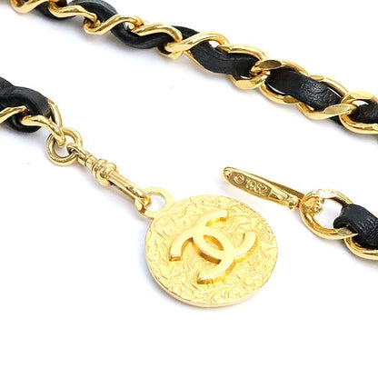 CHANEL 1982 Vintage Gold Chain Leather Belt Size ONE SIZE