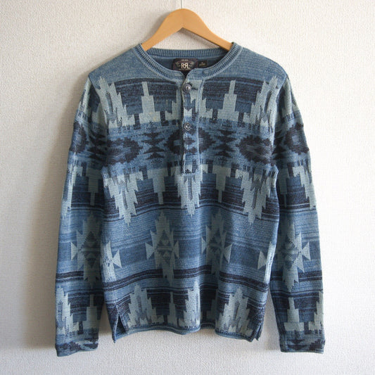 RRL Indigo Native Henley Knit Sweater Size M