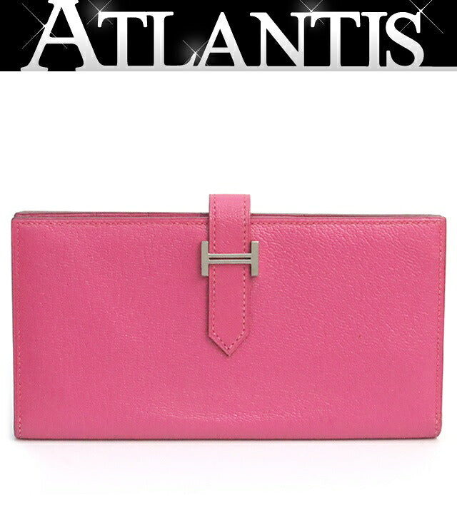 HERMES Beant Soufflé Chevre Fuchsia Pink Long Wallet Size ONE SIZE
